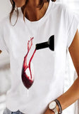 White Casual O-Neck Short Sleeves Print