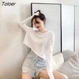 Sleeve T-shirts Women Spring Solid Loose Crop Top Sexy New Trendy Leisure Girls T-shirt Korean Stylish Teens All-match