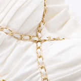 Casual Ruched Shirt For Women Slash Neck Puff Short Sleeve Patchwork Chain Slim Blouses Female Summer Fashion