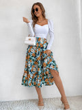 Printed Modest High Waist Elastic Waist Print Midi A-Line