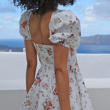Graduation Party Gift Sexy Square Collar White Printing Mini Dress Woman Puff Sleeve High Waist Party Holiday A-Line Dress New