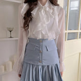New Ruffles Chiffon Blouse Summer Office Lady Sweet Bow Tops 2021 Elegant Mesh Casual Long Sleeve Shirt Blusas