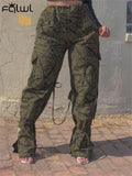 Fall Streetwear Baggy Cargo Pants Women 2022 High Waist Khaki Print Drawstring Sweatpants Pocket Pants Trousers