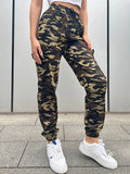 Print Camouflage Cargo Long Pants Women Lace Up Elastic Waist Pockets Loose Spliced 2023 Autumn Straight Trousers-Outfit
