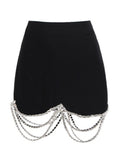 Casual Black Chain Tassels Hem Skirt For Women High Waist Solid Minimalist Mini Skirts Female Fashion Summer
