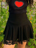 Black Goth Y2K Pleated Skirt Woman Punk Style Dark Academia Aesthetic Fairycore Mini Skirts Lace Edge High Waist