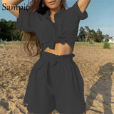 Khaki Casual Beach Women Summer Tracksuit Shorts Set Short Sleeve Shirt Tops And Loose Mini Shorts Two Piece Set