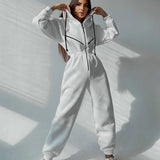 Women Basic Hoodie Jumpsuit Zipper Drawstring Overall High Waist Elasticity Streetwear Tracksuit Rompers Casual One Piece