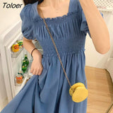 Sleeve Dress Women Summer Solid Pleated Square Collar Mid-calf Elegant Korean Simple Leisure Loose Preppy Womens A-line