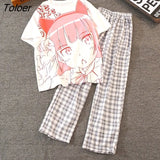 T Shirts+Plaid Pants 2-Piece Sets Women Harajuku Teens Girls Casual Tracksuits 2021 Summer Japanese Students Matching