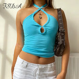 2021 Summer Blue Women Crop Top Halter Neck Sleeveless Backless Off Shoulder Casual Sexy Fashion Tank Tops