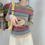 Rainbow Sweater Women Super Soft Stretchy Multicolor Striped Knit Striped Jumper Pullover Female Spring Autumn