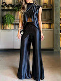 2 Pieces Sets Women Sleeveless Tank Split Hem Top And Wide Leg Pants Women Outfits Silk Pant Sets Matching Sets-Outfit