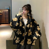 Cartoon Bear Lamb Wool Zip Up Hoodie Women's Sweatshirts Casual Oversized Brown Winter Clothes Women Jackets Cute Korean