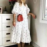 Maxi Shirt Dress Puff Half Sleeve Printed Girls Party Dresses Vestido Ruffles Stand Collar Button Summer Dresses