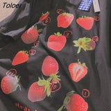 Strawberry Print Shirts for Women Aesthetic Cartoon O-neck Casual Teens Clothes Japanese Fashion Streetwear Woman