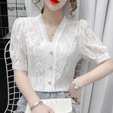 Summer V Neck Lace Blouse New Short Sleeve Elegant Women Tops Solid Lace Crochet Ruffle Patchwork Slim Women Shirts