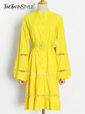 Yellow Hollow Out Dresses For Female Stand Collar Lantern Long Sleeve High Waist Slimming Women's Dress Fashion