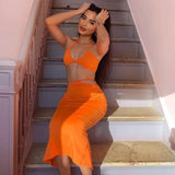 Sexy Fashion Outfits Orange 2 Pieces Solid Halter Backless Crop Tops and Tie Up High Waist Long Skirt Street Club