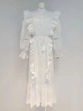 Ruffle Trim White Dress For Women V Neck Lantern Sleeve High Waist Cut Out Solid Ankle Length Dresses Female