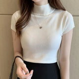 Knitted Turtleneck Blouse Women 2021 Summer Solid Slim Casual Clothing Women Short Sleeve Top Blusa Mujer De Moda 8622