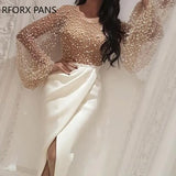 Embellished Mesh Patchwork Slit Dress-Outfit