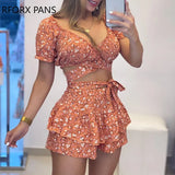 Women Chic Crop Top Gdisty Floral Ruffle Hem Lace Up Short Sleeves Cris Cross Mini Sexy Vacation Short Sets-Outfit