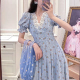 Elegant Chiffon Dress Women Vintage Print Floral Puff Sleeve Casual Female Dress V-neck Pretty Party Lace Dress 2021