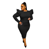 Size Dresses for Women Office Lady Puff Sleeve Solid Bodycon Stretch New Style Elegant Maxi Dress Wholesale