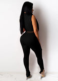 Sexy Stand Collar Sleeveless Crop Top Solid Lace Up Two Piece Pants
