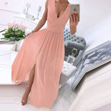 V-Neck Sleeveless Summer Dress Women Chiffon Split Maxi Party Dress Sexy Vintage Floral Print Long Dresses Vestido