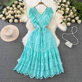 Temperament Flying Sleeve V Collar Waist Shows Thin A Word Big Pendulum Hollowed-Out Dress Seaside Holiday Long Skirt-Outfit