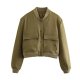 New Women's Fashion French Big Pocket Short Autumn Bomber Jacket