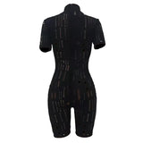 Women's Summer Short Clubwear Jumpsuit Solid Color Short Sleeve Sexy See Through Turtleneck Hollow Bodysuit-Outfit