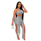 Toloer New Women's Perspective Mesh Bandage Dress Strapless Skirt Two-Piece Set-Outfit