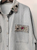 Women's denim Shirt Full Diamonds Loose Lapel Rhinestone Single Breasted Long Sleeve Blouse 2024 Summer New Fashion 29L2622-Outfit