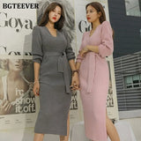 Sexy V-neck Lace Up Women Sweater Dress Elegant Side Split Autumn Winter Dress Female Sheath Knit Jumpers Vestidos