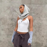 Women Y2K Retro Goth Hooded Scarf Hats Solid Color Knitted Pullover Drawstring Balaclava Winter Warm Hat Beanie Cap-Outfit