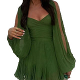 Spring Women's Dress Sexy Hottie Skylit Lantern Sleeve V Collared Shoulder