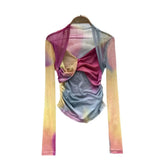 Girls Tie-Dye Mesh Jersey Long-Sleeved T-Shirt Girl Thin Perspective Temperament Fashion Folding