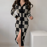 Long Sleeve Polo Plaid Slim Pencil Dresses for Women Evening Party Sexy Split Sweater Bodycon Dress Autumn Winter