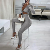 Ins Style Home Comfortable Slim Fit Suit 2022 Autumn Solid Color Long Sleeve Sexy Lacing Cardigan Trousers One-Piece