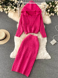 Thick Knitted Set Women Long Sleeve Short Hooded Sweater+Sexy Bodycon Skirts New Autumn Winter Two Piece