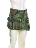 Women's Denim Skirts Tie-dye Green Irregular Spliced Multiple Pockets Cargo Mini Skirt 2024 Summer New Fashion 29L3411-Outfit