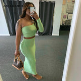 2 Piece Set Skirt and One Shoulder Long Sleeve Crop Top Fall Clothes for Women 2020 Fashion Sexy Club Outfits
