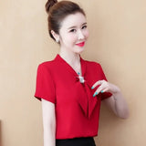 Summer Bow Loose Solid Women Blouses and Tops Solid Bottom Shirts Elegant Fashion Short Sleeve Chiffon Women Shirts