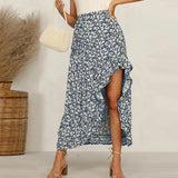 Bohemian Black Ruffle Hem Wrap Floral Print Skirts Women Summer Elastic High Waist Ladies Irregular Long Skirt