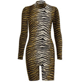 Tiger Print Sexy Romper Shorts Long Sleeve Lace Up Fitness Activewear Summer Women Elastic Playsuits New