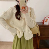 Three-Dimensional Rose Round-Neck Knitted Cardigan Autumn And Winter New Loose Lazy Button Sweater Jacket-Outfit