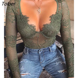 Spring Autumn Women Fashion Elegant Solid Fit Sexy Bodysuits Eyelash Lace Hollow Out Bodysuit Mesh Bodysuit